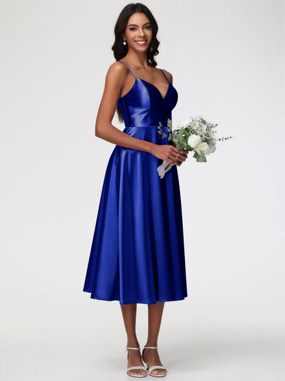 Royal Blue Bridesmaids Dress Stretch Satin Simple A Line Spaghetti Straps Tea Length Bridesmaid Dress