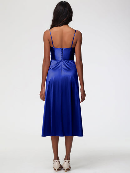 Royal Blue Bridesmaids Dress Stretch Satin Simple A Line Spaghetti Straps Tea Length Bridesmaid Dress