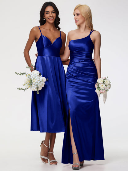 Royal Blue Bridesmaids Dress Stretch Satin Simple A Line Spaghetti Straps Tea Length Bridesmaid Dress
