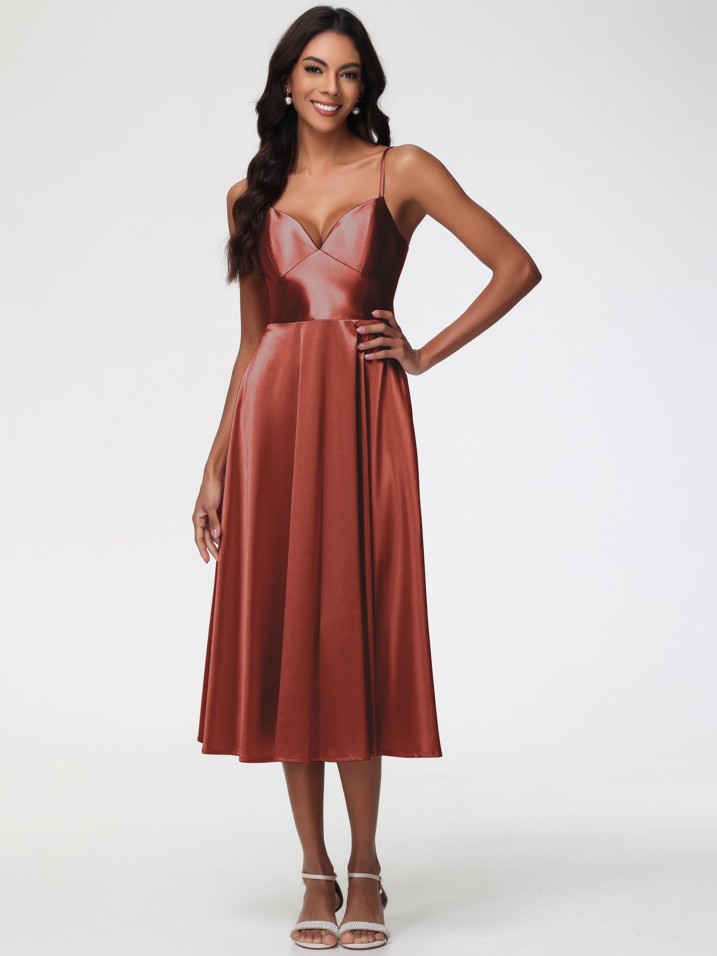 Rust Coloured Bridesmaid Dress Stretch Satin Simple A Line Spaghetti Straps Tea Length Bridesmaid Dress