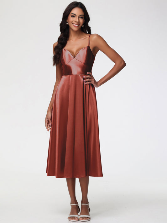Rust Coloured Bridesmaid Dress Stretch Satin Simple A Line Spaghetti Straps Tea Length Bridesmaid Dress