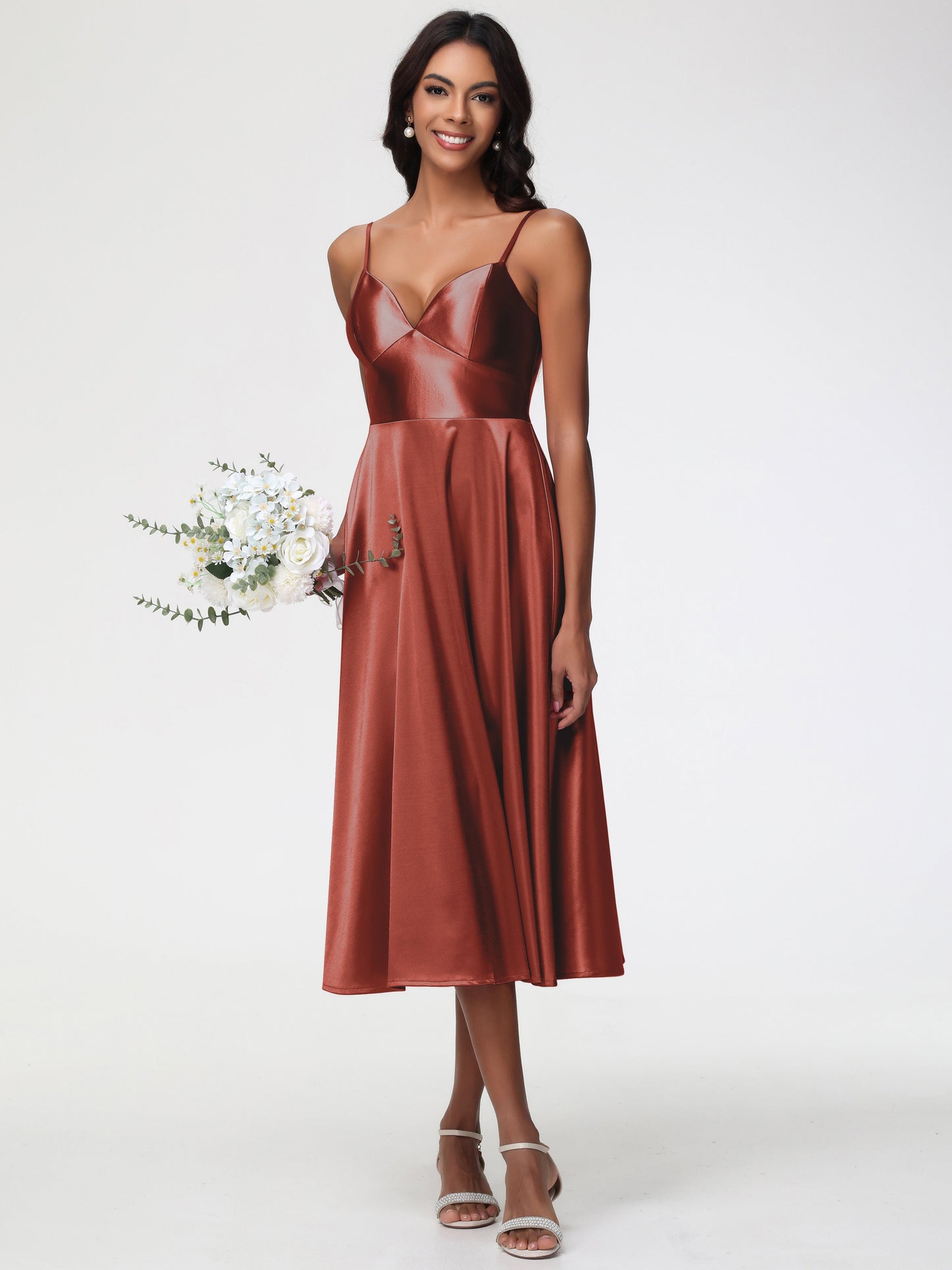 Rust Coloured Bridesmaid Dress Stretch Satin Simple A Line Spaghetti Straps Tea Length Bridesmaid Dress