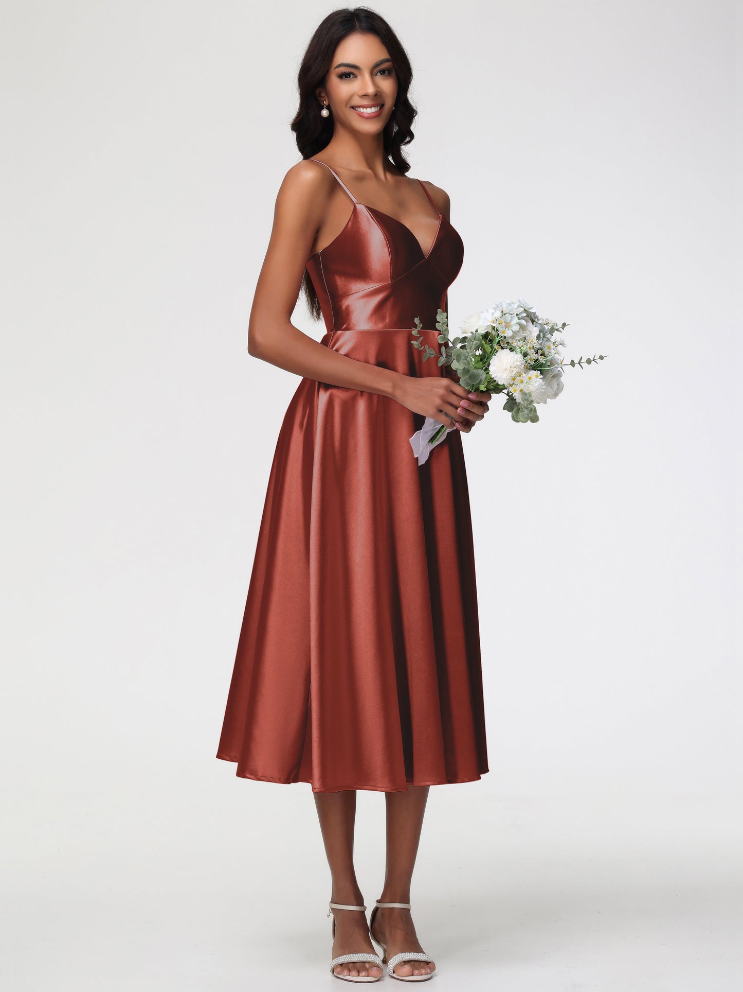 Rust Coloured Bridesmaid Dress Stretch Satin Simple A Line Spaghetti Straps Tea Length Bridesmaid Dress