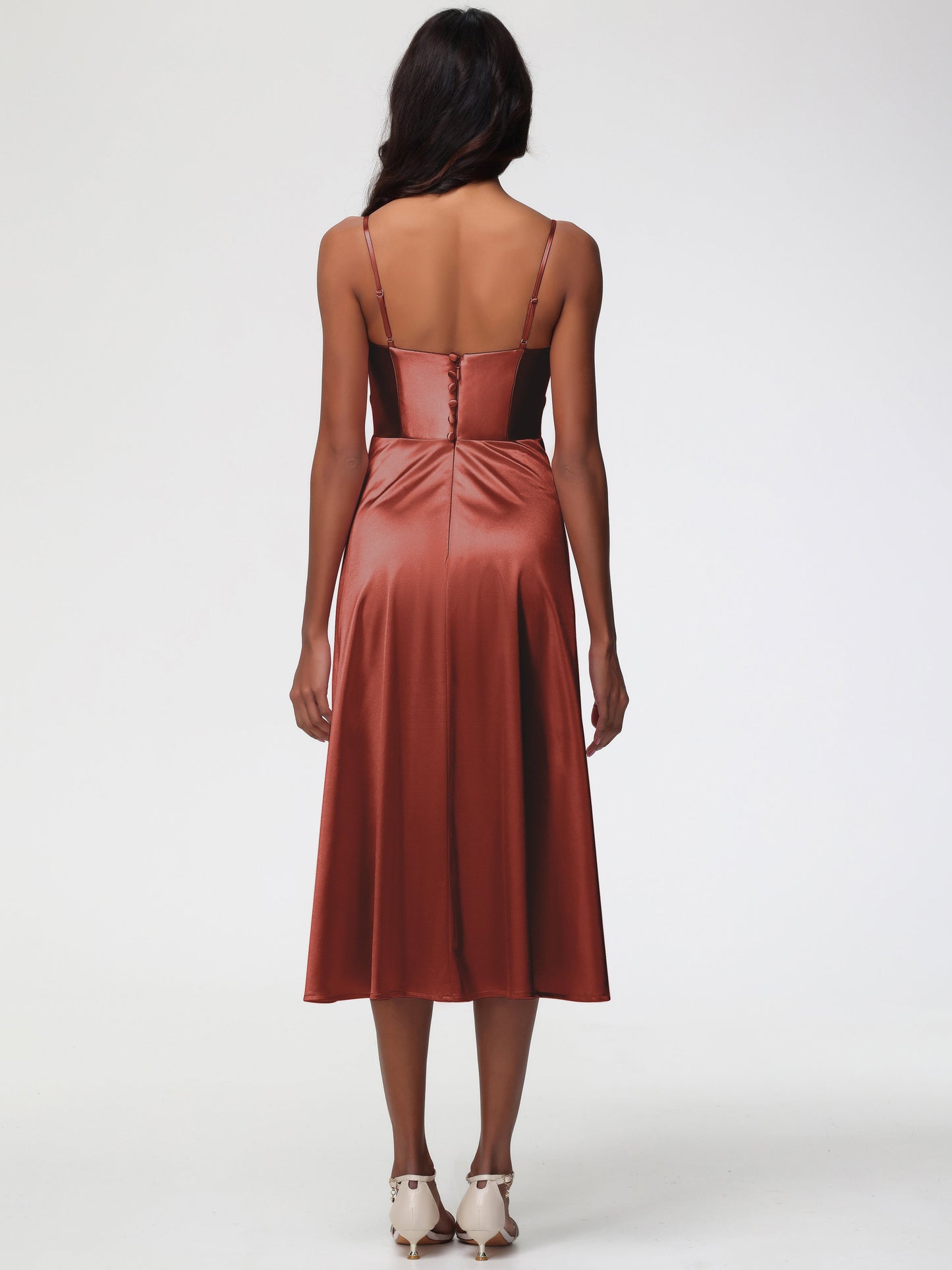 Rust Coloured Bridesmaid Dress Stretch Satin Simple A Line Spaghetti Straps Tea Length Bridesmaid Dress