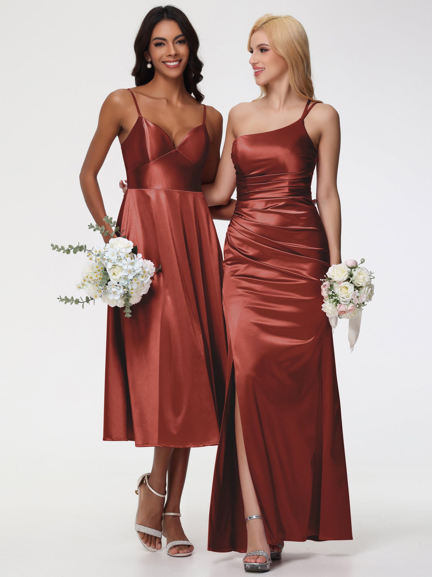 Rust Coloured Bridesmaid Dress Stretch Satin Simple A Line Spaghetti Straps Tea Length Bridesmaid Dress