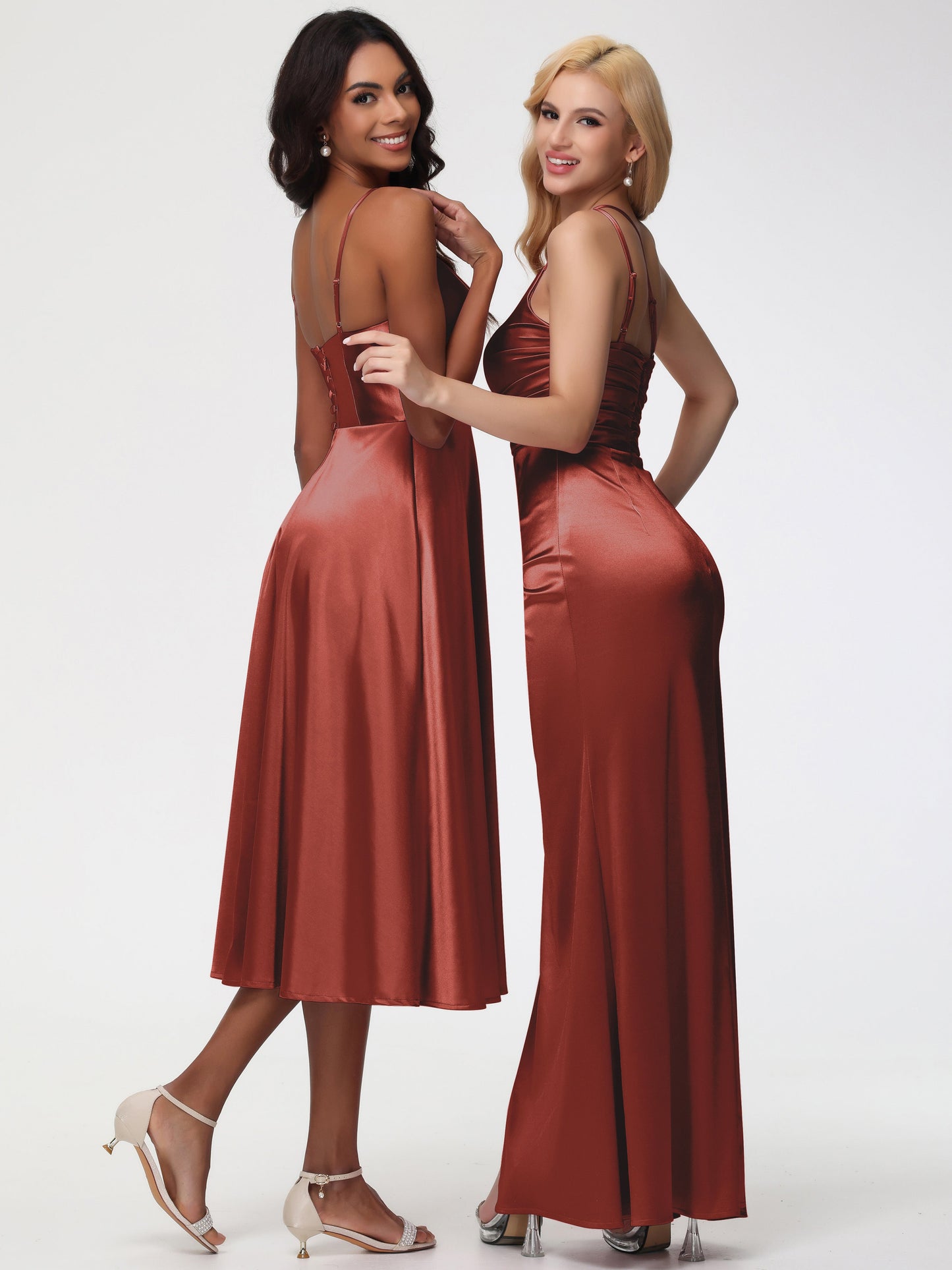 Rust Coloured Bridesmaid Dress Stretch Satin Simple A Line Spaghetti Straps Tea Length Bridesmaid Dress