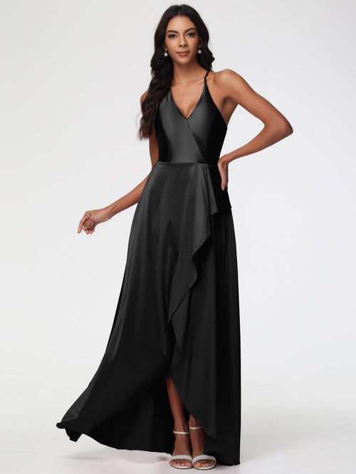 Bridesmaid Dresses In Black Asymmetrical V-Neck Spaghetti Straps Floor Length Stretch Satin Bridesmaid Dress