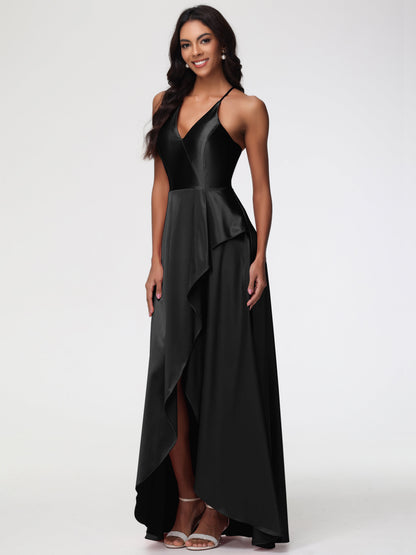 Bridesmaid Dresses In Black Asymmetrical V-Neck Spaghetti Straps Floor Length Stretch Satin Bridesmaid Dress