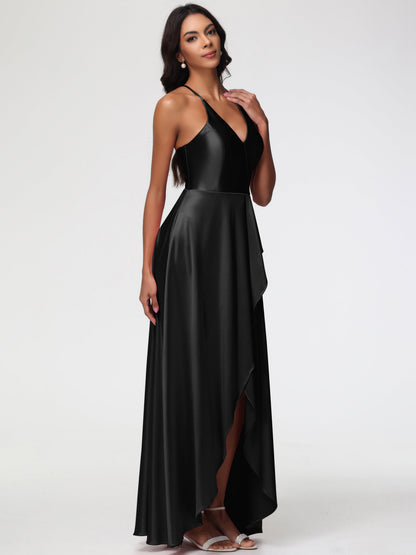 Bridesmaid Dresses In Black Asymmetrical V-Neck Spaghetti Straps Floor Length Stretch Satin Bridesmaid Dress
