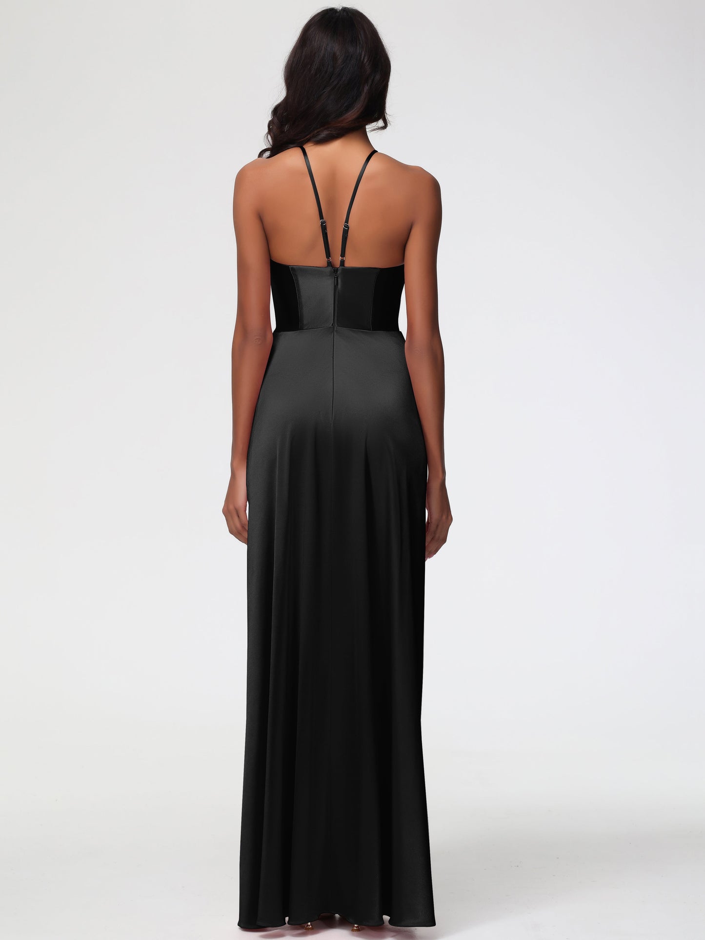 Bridesmaid Dresses In Black Asymmetrical V-Neck Spaghetti Straps Floor Length Stretch Satin Bridesmaid Dress