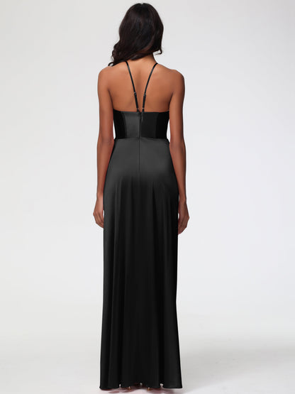Bridesmaid Dresses In Black Asymmetrical V-Neck Spaghetti Straps Floor Length Stretch Satin Bridesmaid Dress