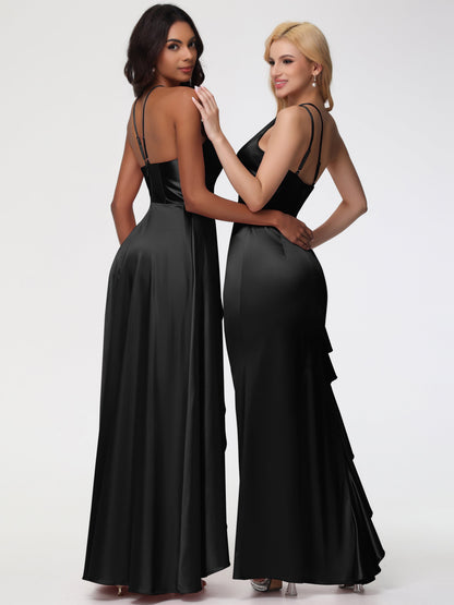 Bridesmaid Dresses In Black Asymmetrical V-Neck Spaghetti Straps Floor Length Stretch Satin Bridesmaid Dress