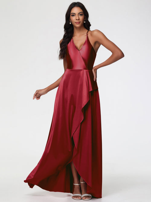 Burgundy Bridesmaids Dresses Asymmetrical V-Neck Spaghetti Straps Floor Length Stretch Satin Bridesmaid Dress