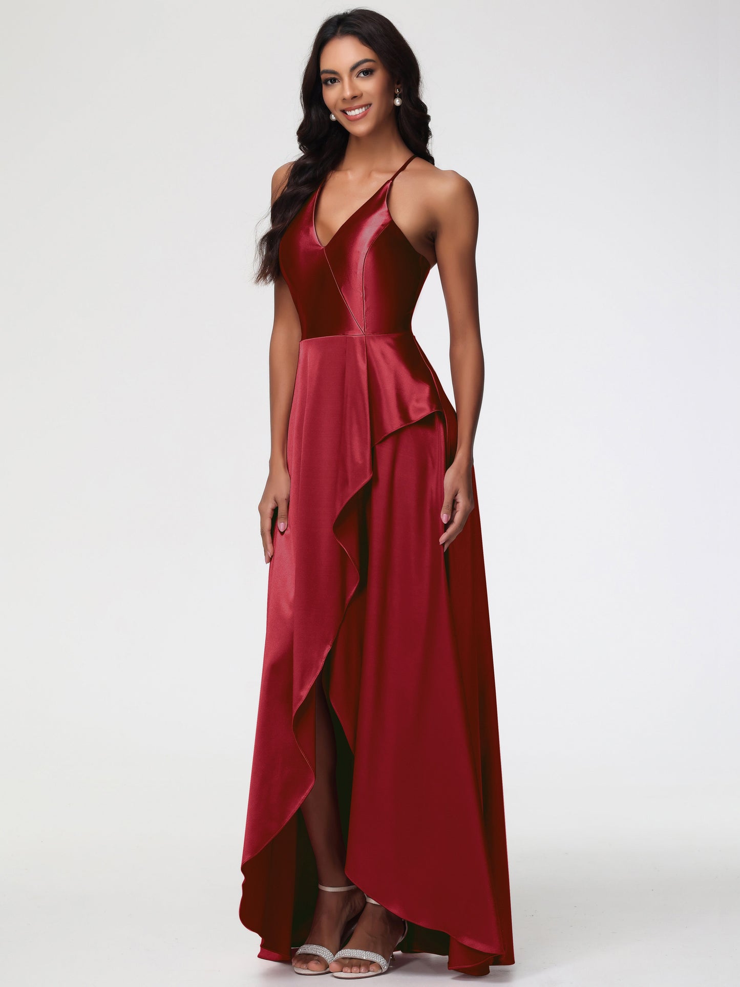 Burgundy Bridesmaids Dresses Asymmetrical V-Neck Spaghetti Straps Floor Length Stretch Satin Bridesmaid Dress
