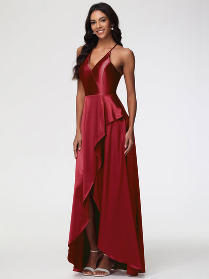 Burgundy Bridesmaids Dresses Asymmetrical V-Neck Spaghetti Straps Floor Length Stretch Satin Bridesmaid Dress