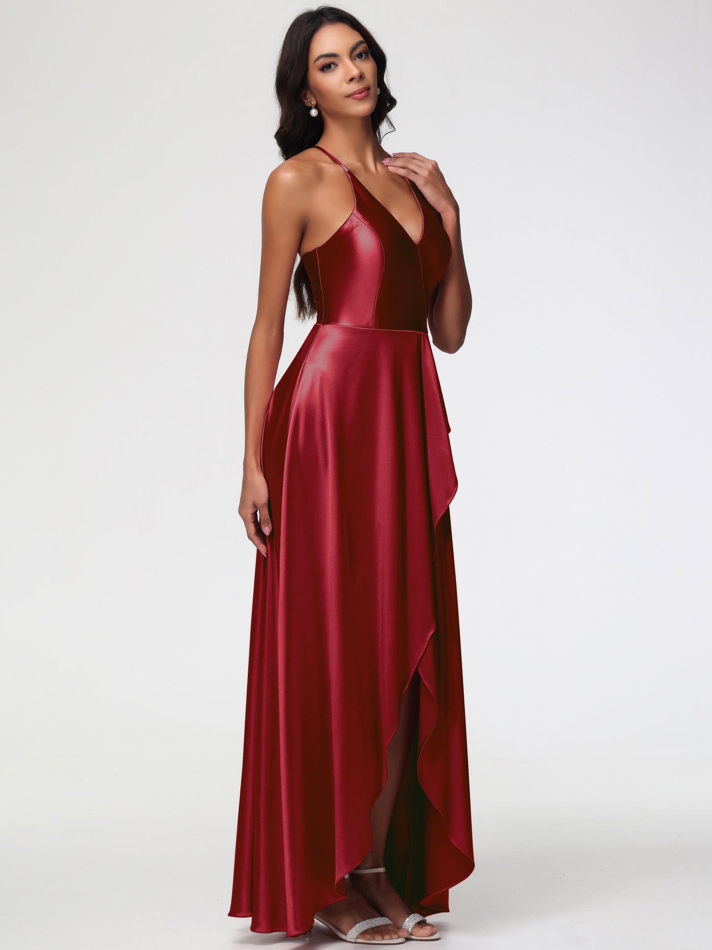 Burgundy Bridesmaids Dresses Asymmetrical V-Neck Spaghetti Straps Floor Length Stretch Satin Bridesmaid Dress