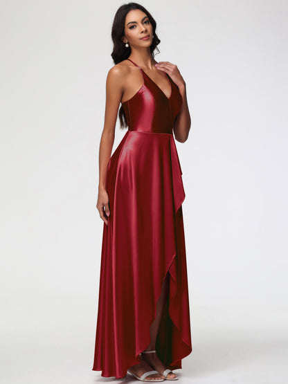 Burgundy Bridesmaids Dresses Asymmetrical V-Neck Spaghetti Straps Floor Length Stretch Satin Bridesmaid Dress