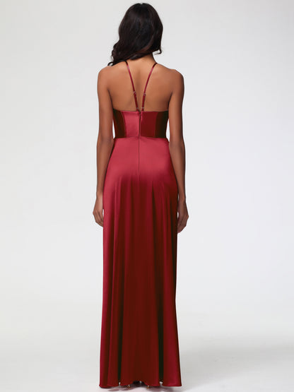Burgundy Bridesmaids Dresses Asymmetrical V-Neck Spaghetti Straps Floor Length Stretch Satin Bridesmaid Dress