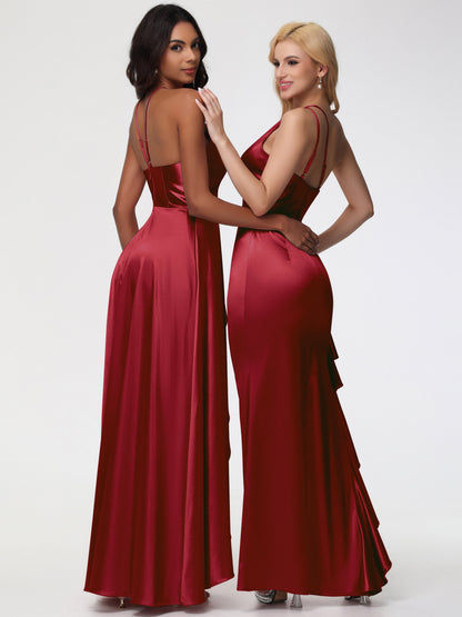 Burgundy Bridesmaids Dresses Asymmetrical V-Neck Spaghetti Straps Floor Length Stretch Satin Bridesmaid Dress