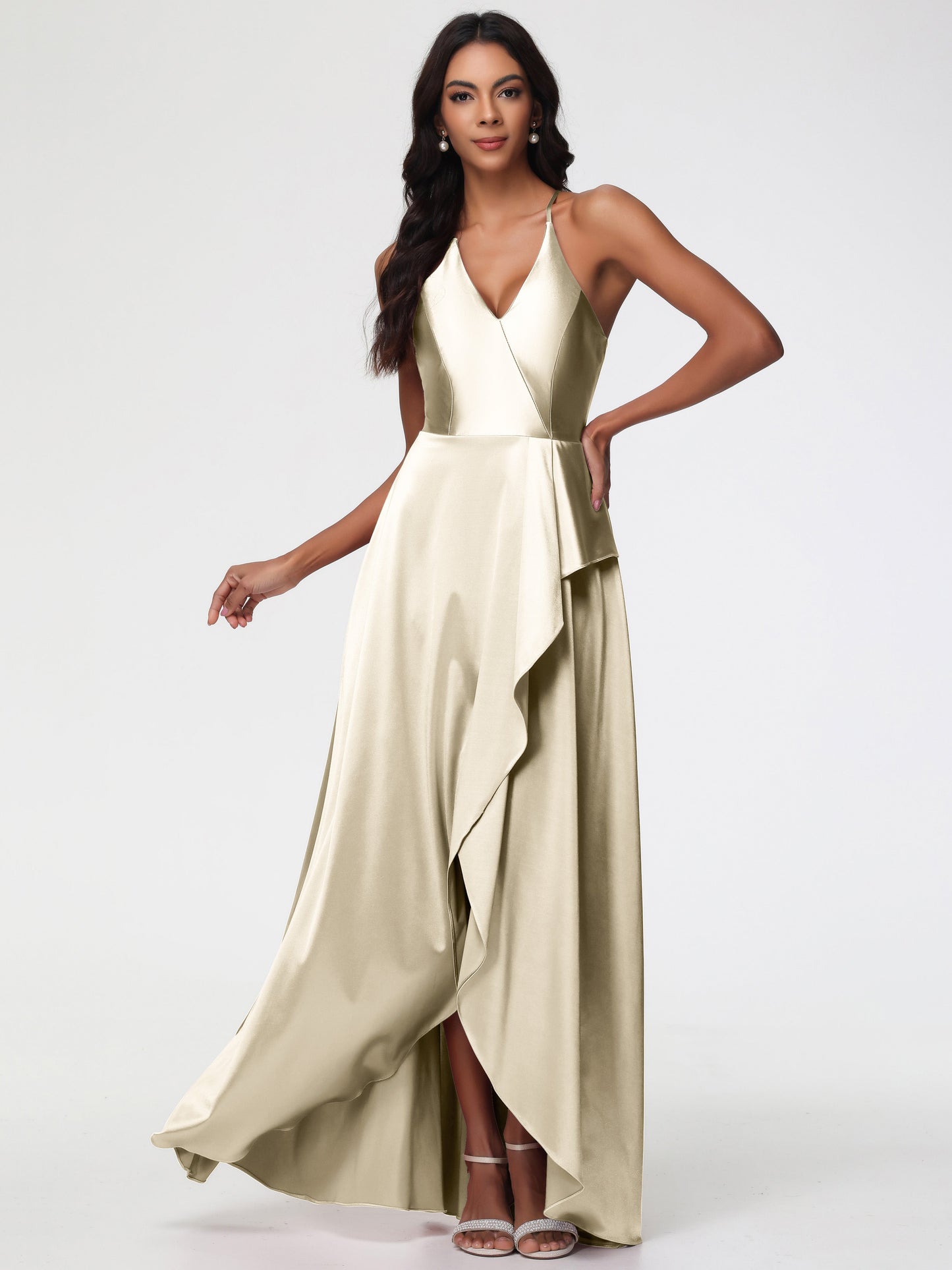 Champagne Bridesmaid Dresses Asymmetrical V-Neck Spaghetti Straps Floor Length Stretch Satin Bridesmaid Dress