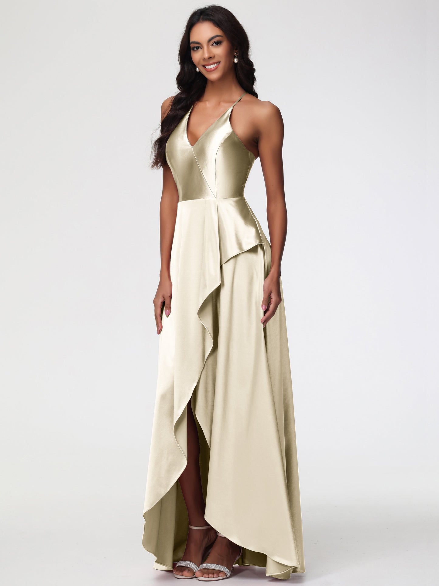 Champagne Bridesmaid Dresses Asymmetrical V-Neck Spaghetti Straps Floor Length Stretch Satin Bridesmaid Dress