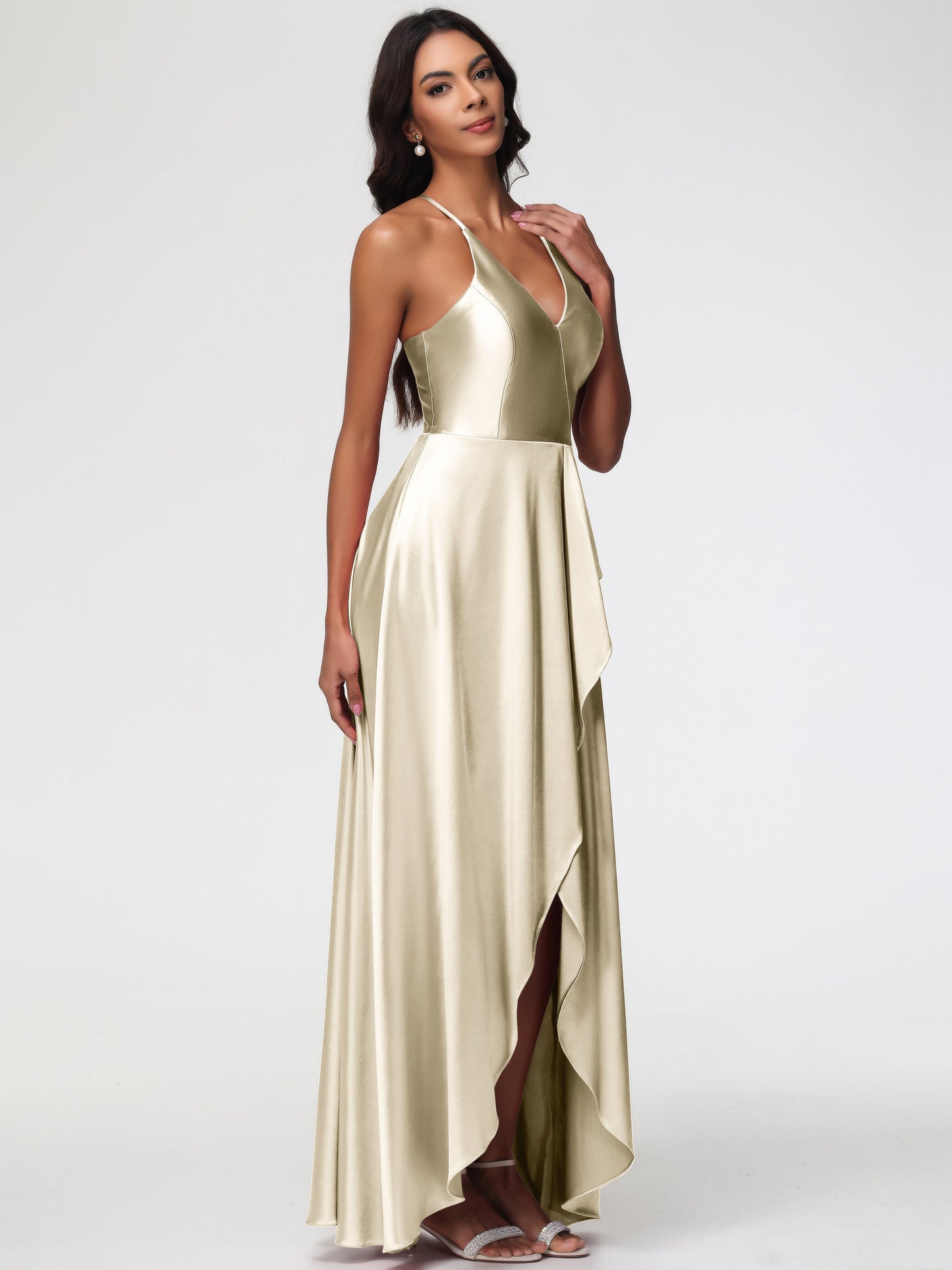 Champagne Bridesmaid Dresses Asymmetrical V-Neck Spaghetti Straps Floor Length Stretch Satin Bridesmaid Dress