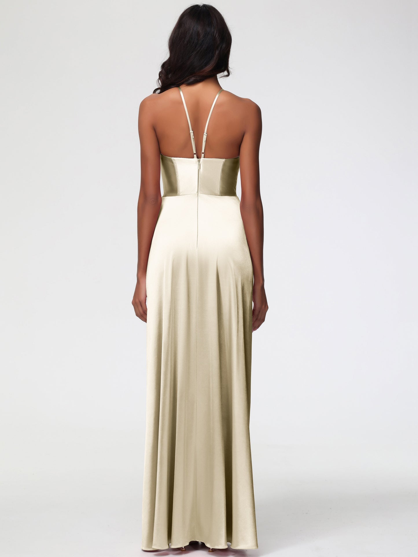 Champagne Bridesmaid Dresses Asymmetrical V-Neck Spaghetti Straps Floor Length Stretch Satin Bridesmaid Dress