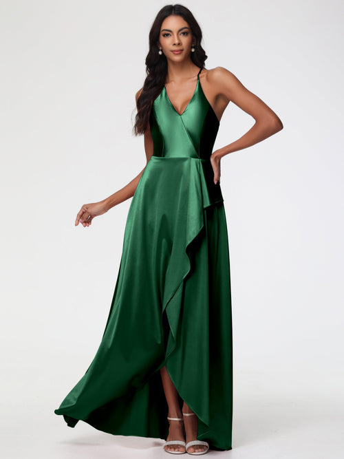 Dark Green Bridesmaid Asymmetrical V-Neck Spaghetti Straps Floor Length Stretch Satin Bridesmaid Dress