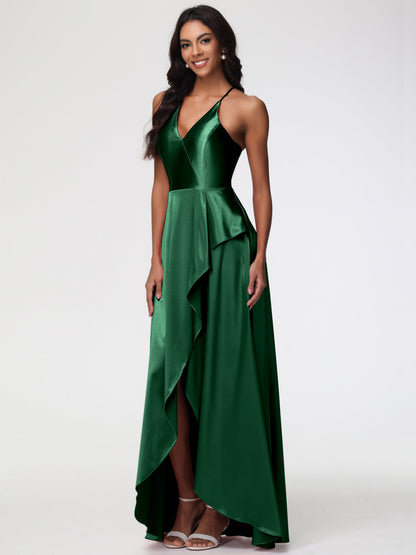 Dark Green Bridesmaid Asymmetrical V-Neck Spaghetti Straps Floor Length Stretch Satin Bridesmaid Dress