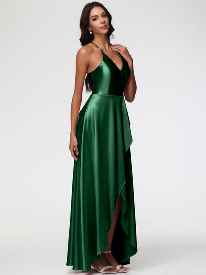 Dark Green Bridesmaid Asymmetrical V-Neck Spaghetti Straps Floor Length Stretch Satin Bridesmaid Dress