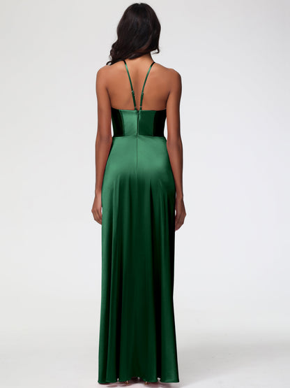 Dark Green Bridesmaid Asymmetrical V-Neck Spaghetti Straps Floor Length Stretch Satin Bridesmaid Dress