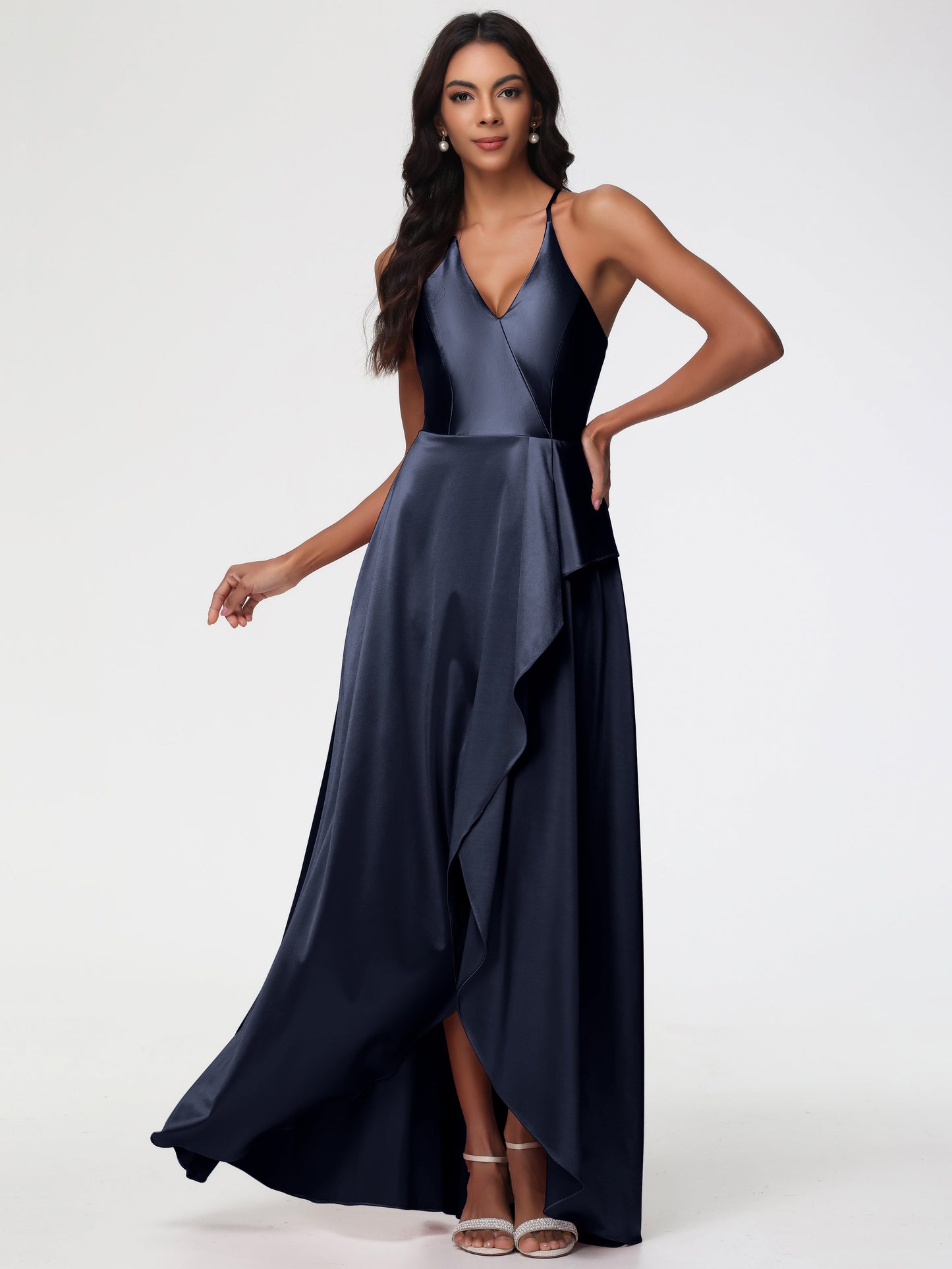 Dark Navy Bridesmaid Dresses Asymmetrical V-Neck Spaghetti Straps Floor Length Stretch Satin Bridesmaid Dress