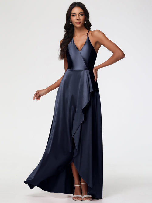 Dark Navy Bridesmaid Dresses Asymmetrical V-Neck Spaghetti Straps Floor Length Stretch Satin Bridesmaid Dress