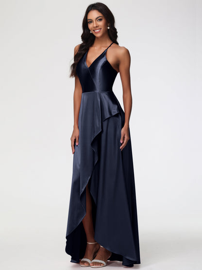 Dark Navy Bridesmaid Dresses Asymmetrical V-Neck Spaghetti Straps Floor Length Stretch Satin Bridesmaid Dress