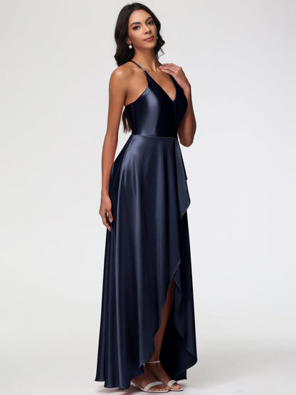 Dark Navy Bridesmaid Dresses Asymmetrical V-Neck Spaghetti Straps Floor Length Stretch Satin Bridesmaid Dress