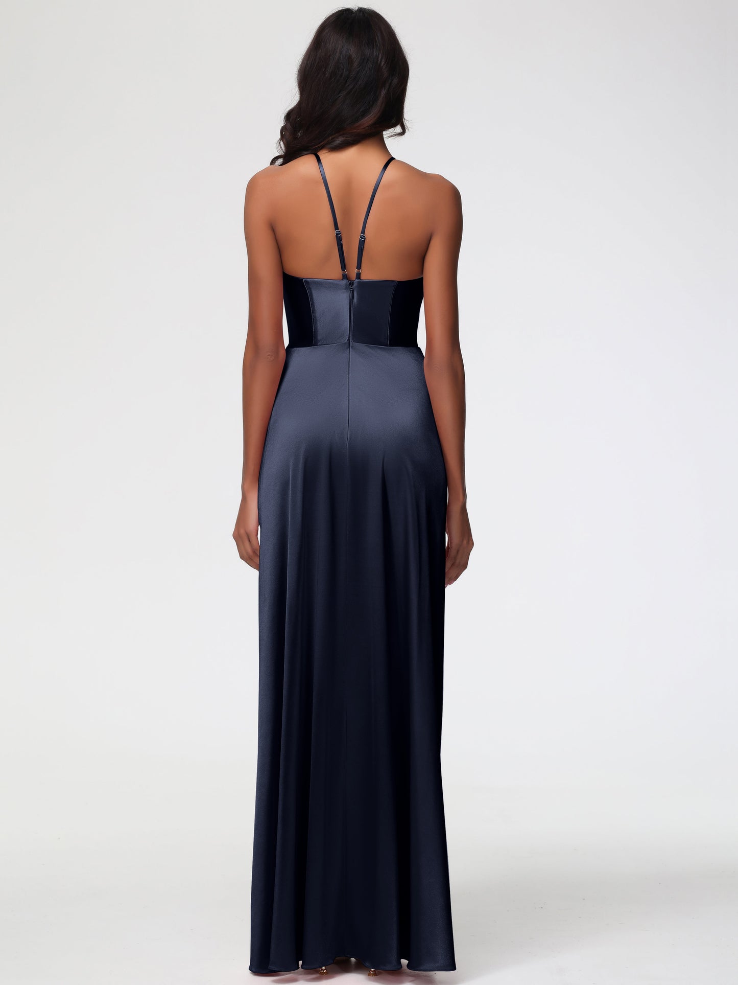 Dark Navy Bridesmaid Dresses Asymmetrical V-Neck Spaghetti Straps Floor Length Stretch Satin Bridesmaid Dress