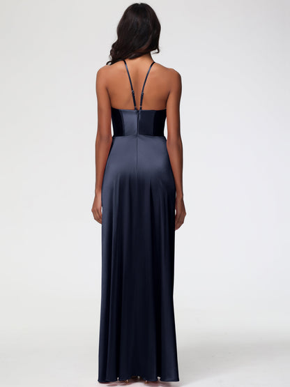 Dark Navy Bridesmaid Dresses Asymmetrical V-Neck Spaghetti Straps Floor Length Stretch Satin Bridesmaid Dress