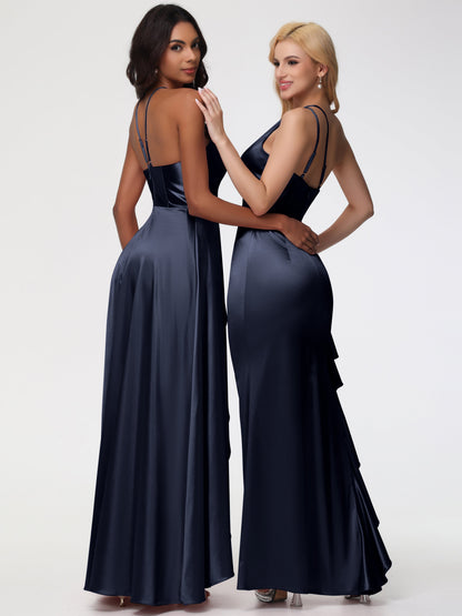 Dark Navy Bridesmaid Dresses Asymmetrical V-Neck Spaghetti Straps Floor Length Stretch Satin Bridesmaid Dress