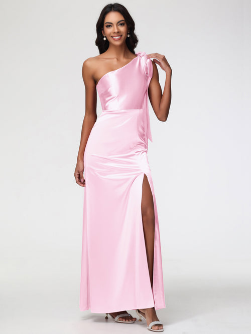 One Shoulder Blush Pink Bridesmaid Dresses Elegant One Shoulder Stretch Satin Sleeveless Sheath/Column Bridesmaid Dresses