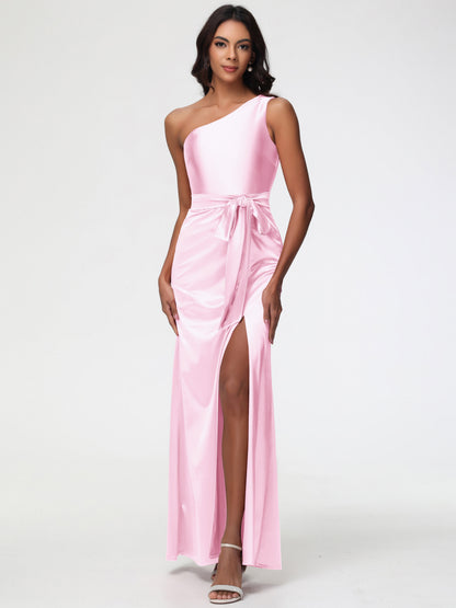 One Shoulder Blush Pink Bridesmaid Dresses Elegant One Shoulder Stretch Satin Sleeveless Sheath/Column Bridesmaid Dresses