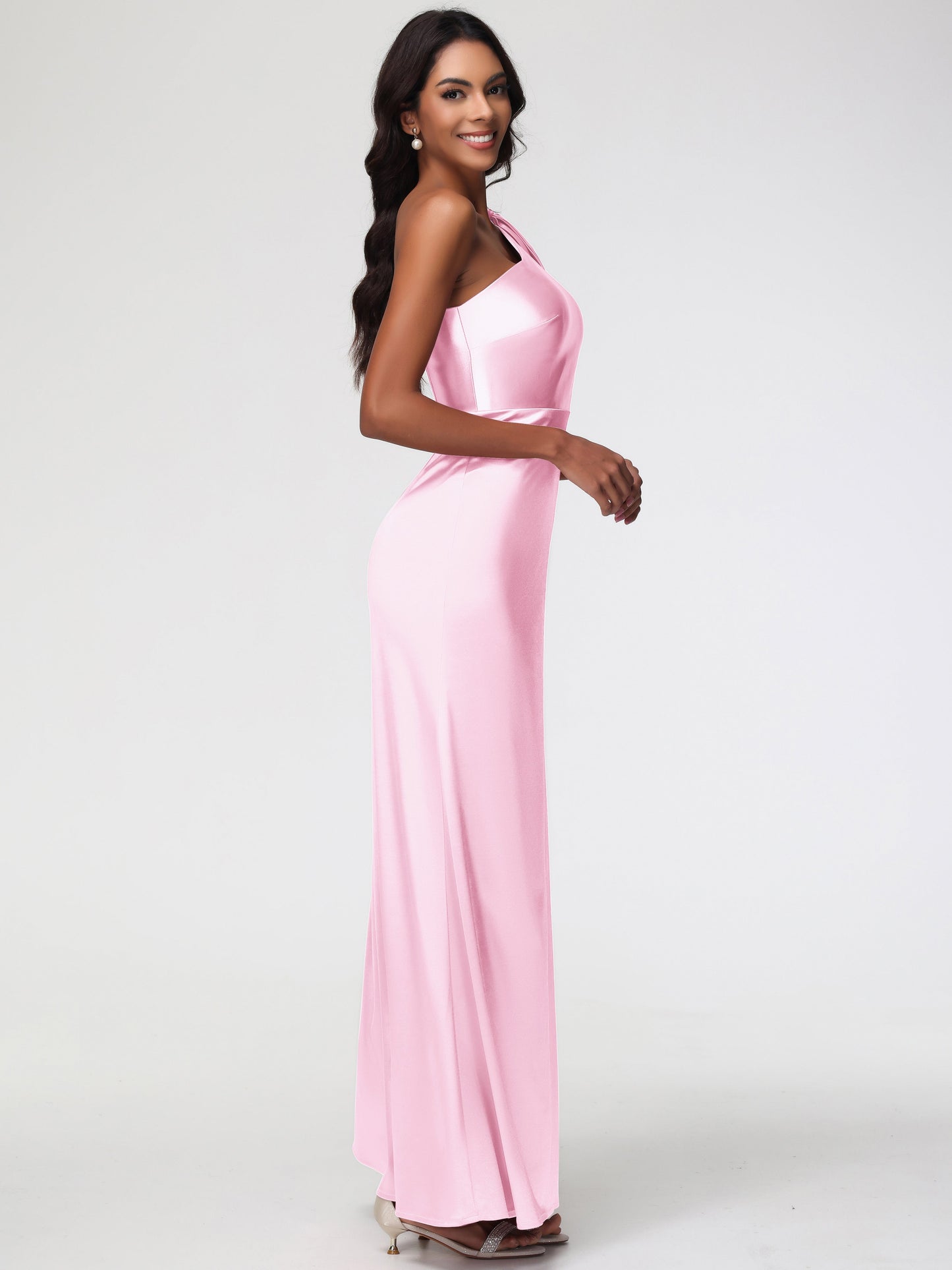 One Shoulder Blush Pink Bridesmaid Dresses Elegant One Shoulder Stretch Satin Sleeveless Sheath/Column Bridesmaid Dresses