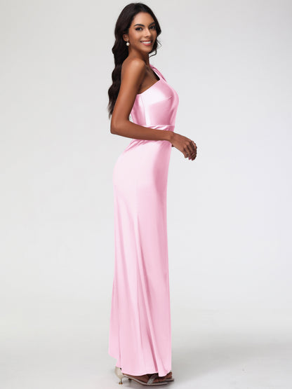 One Shoulder Blush Pink Bridesmaid Dresses Elegant One Shoulder Stretch Satin Sleeveless Sheath/Column Bridesmaid Dresses