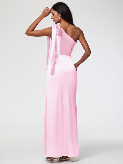 One Shoulder Blush Pink Bridesmaid Dresses Elegant One Shoulder Stretch Satin Sleeveless Sheath/Column Bridesmaid Dresses