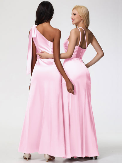 One Shoulder Blush Pink Bridesmaid Dresses Elegant One Shoulder Stretch Satin Sleeveless Sheath/Column Bridesmaid Dresses