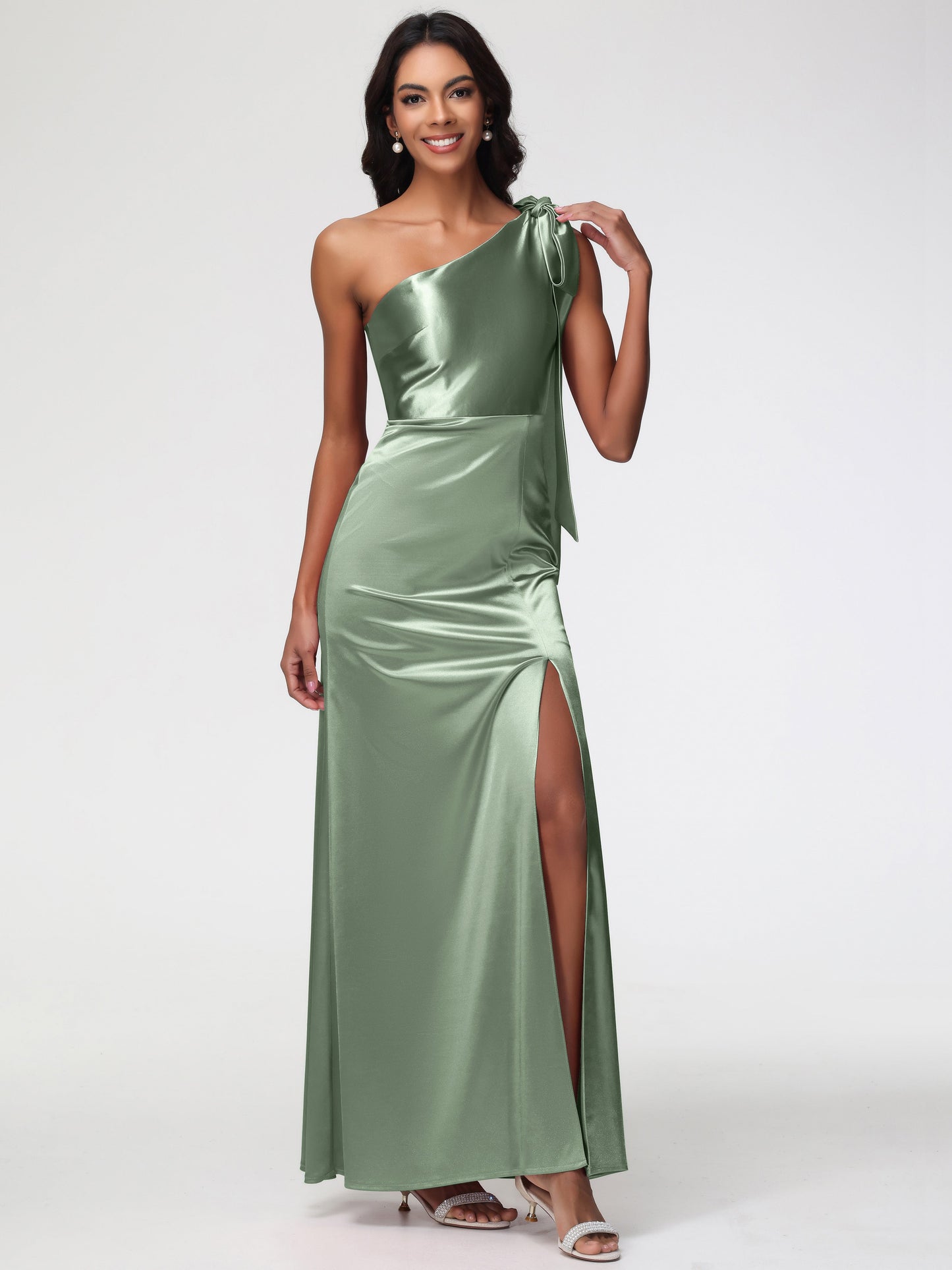 Dusty Sage Dress Bridesmaid Elegant One Shoulder Stretch Satin Sleeveless Sheath/Column Bridesmaid Dresses
