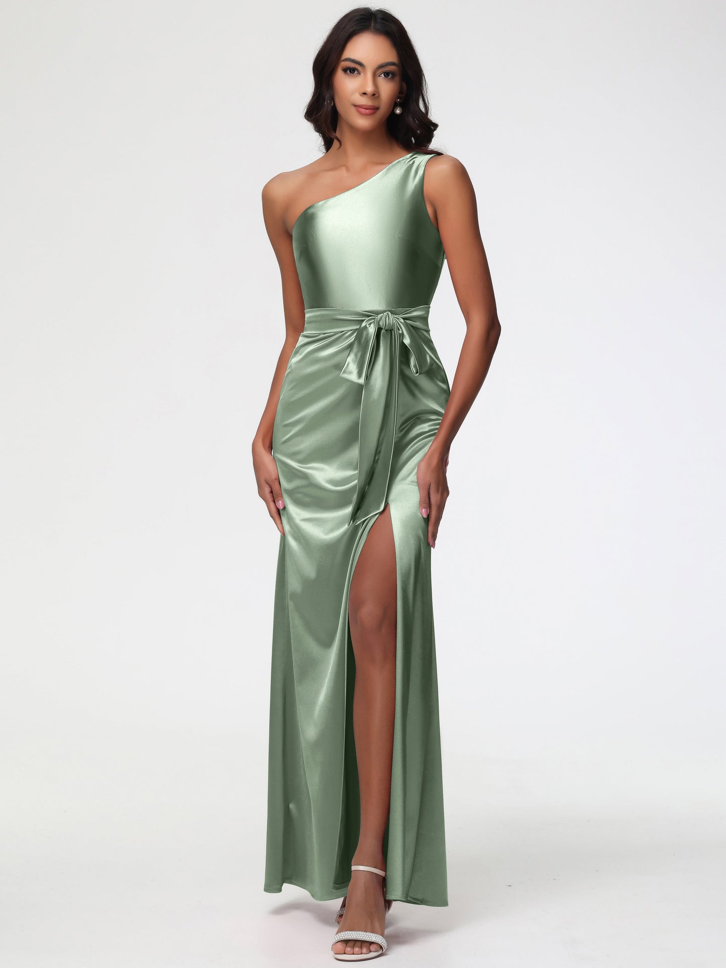 Dusty Sage Dress Bridesmaid Elegant One Shoulder Stretch Satin Sleeveless Sheath/Column Bridesmaid Dresses