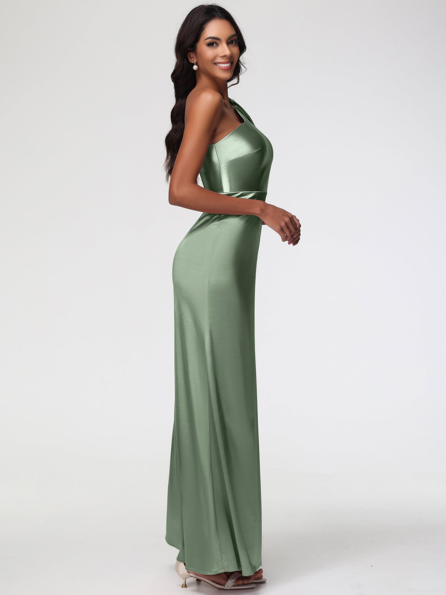Dusty Sage Dress Bridesmaid Elegant One Shoulder Stretch Satin Sleeveless Sheath/Column Bridesmaid Dresses