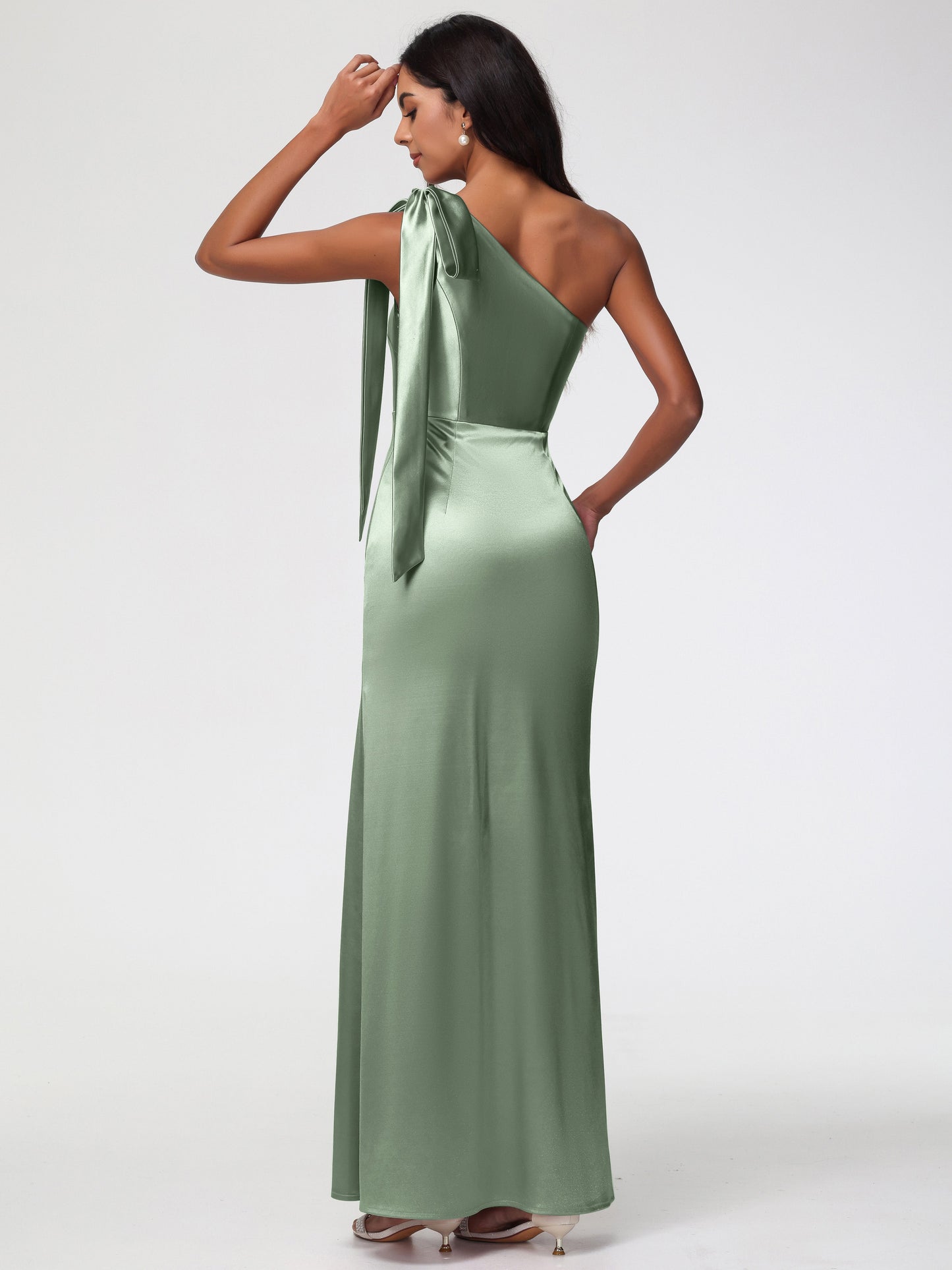 Dusty Sage Dress Bridesmaid Elegant One Shoulder Stretch Satin Sleeveless Sheath/Column Bridesmaid Dresses
