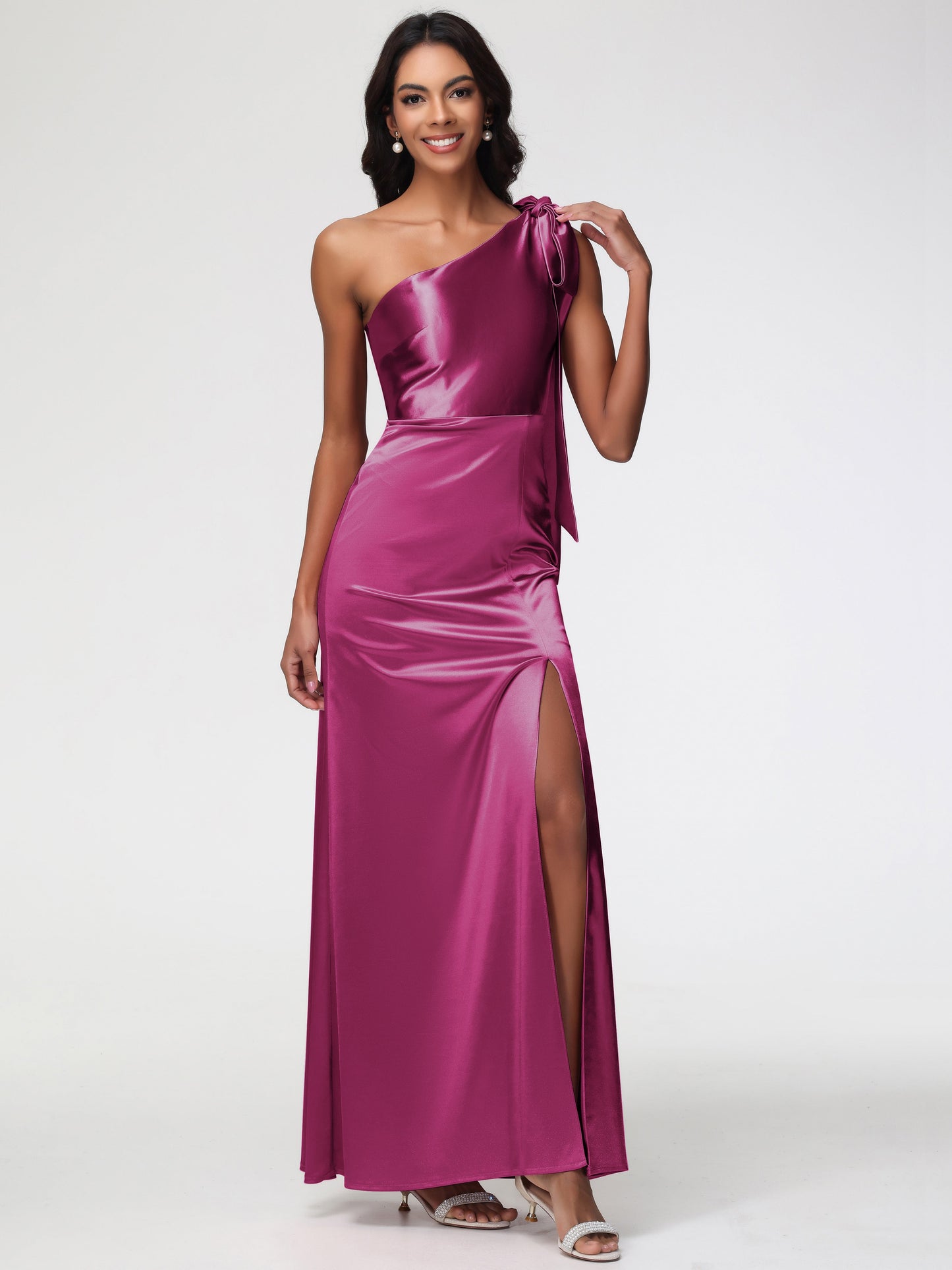 Fuchsia Pink Bridesmaid Dresses Elegant One Shoulder Stretch Satin Sleeveless Sheath/Column Bridesmaid Dresses