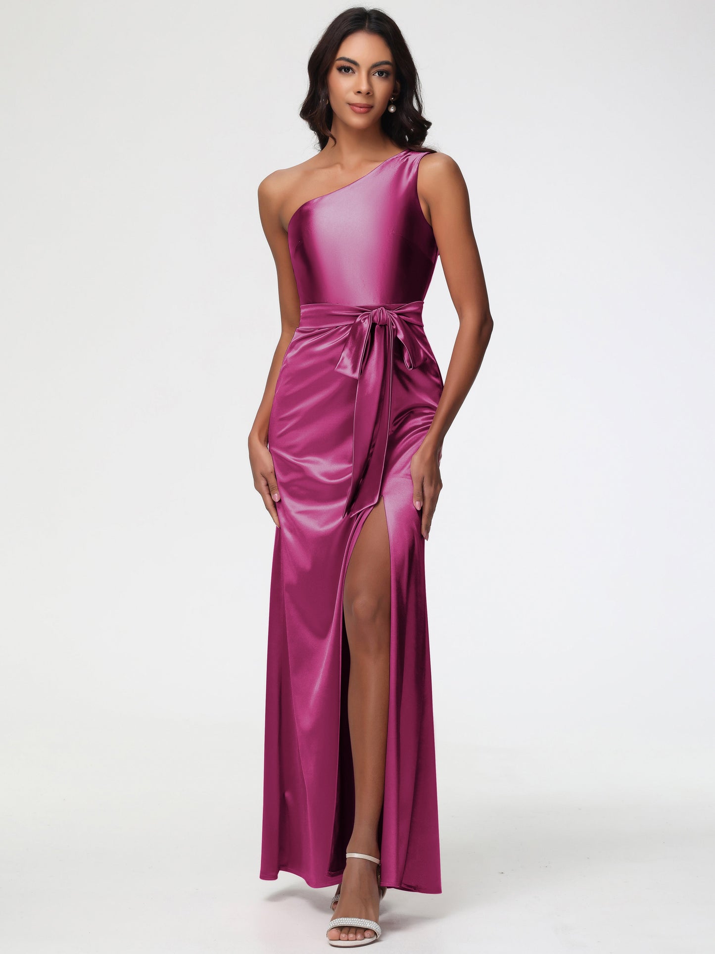 Fuchsia Pink Bridesmaid Dresses Elegant One Shoulder Stretch Satin Sleeveless Sheath/Column Bridesmaid Dresses